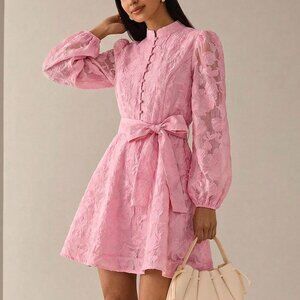 Pink Elegant Women's A-Line Short Dress with Cinched Waist, Puff Sleeves